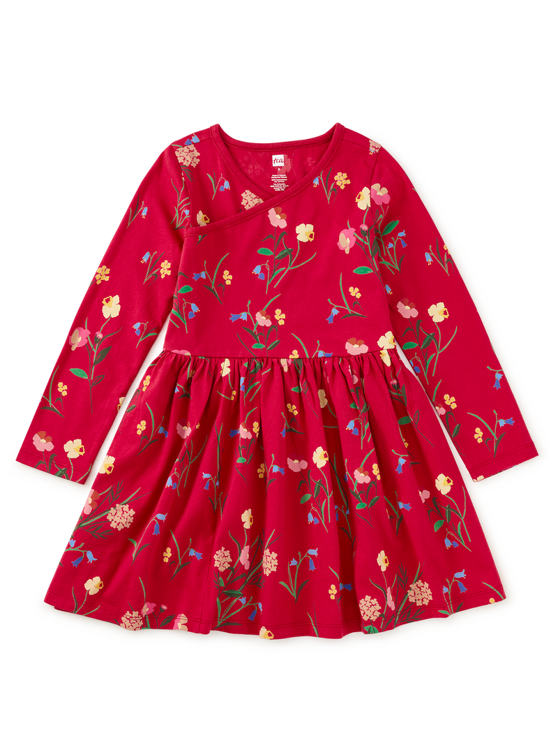 Long Sleeve Wrap Neck Dress in Hollyhock Garden - View 1