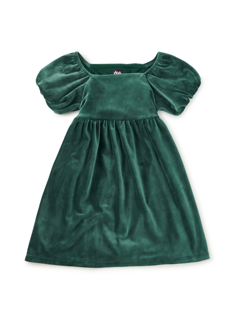 Puff Shoulder Velour Dress in Pineneedle - View 1