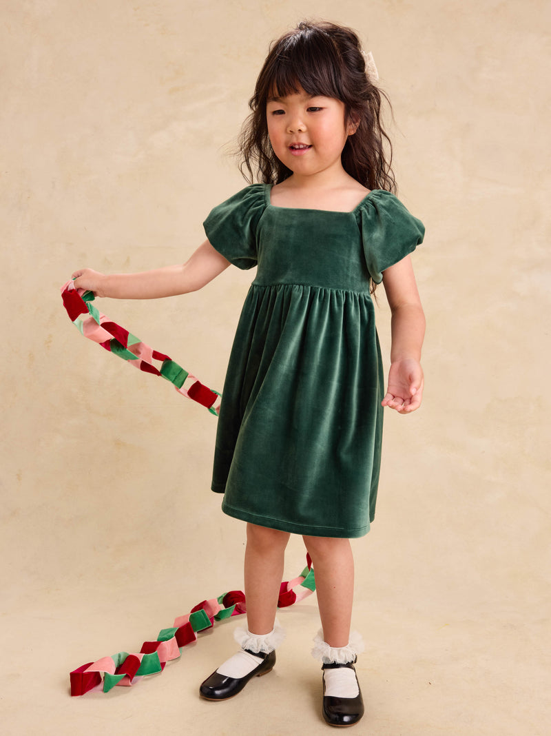 Puff Shoulder Velour Dress in Pineneedle - View 2