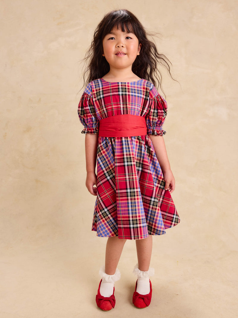 Puff Sleeve Sash Dress in Holiday Market Plaid - View 2
