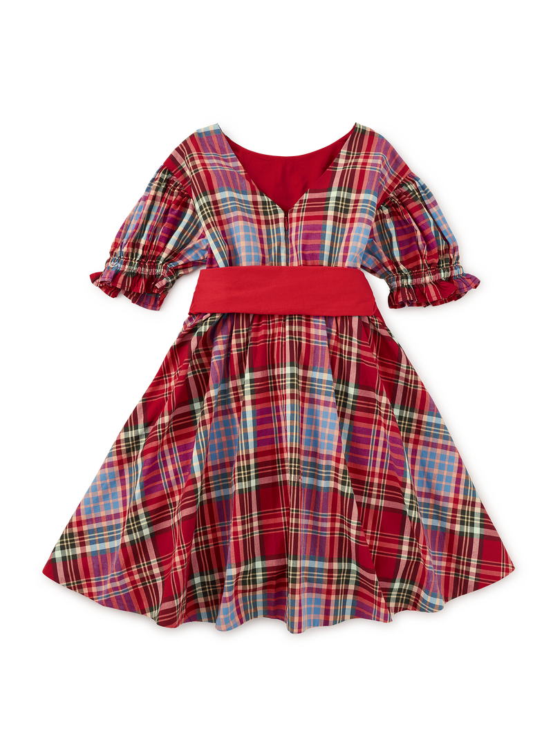 Puff Sleeve Sash Dress in Holiday Market Plaid - View 1