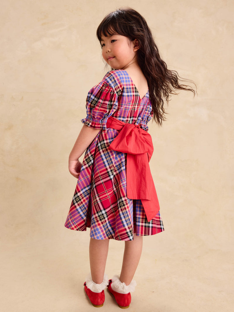 Puff Sleeve Sash Dress in Holiday Market Plaid - View 2