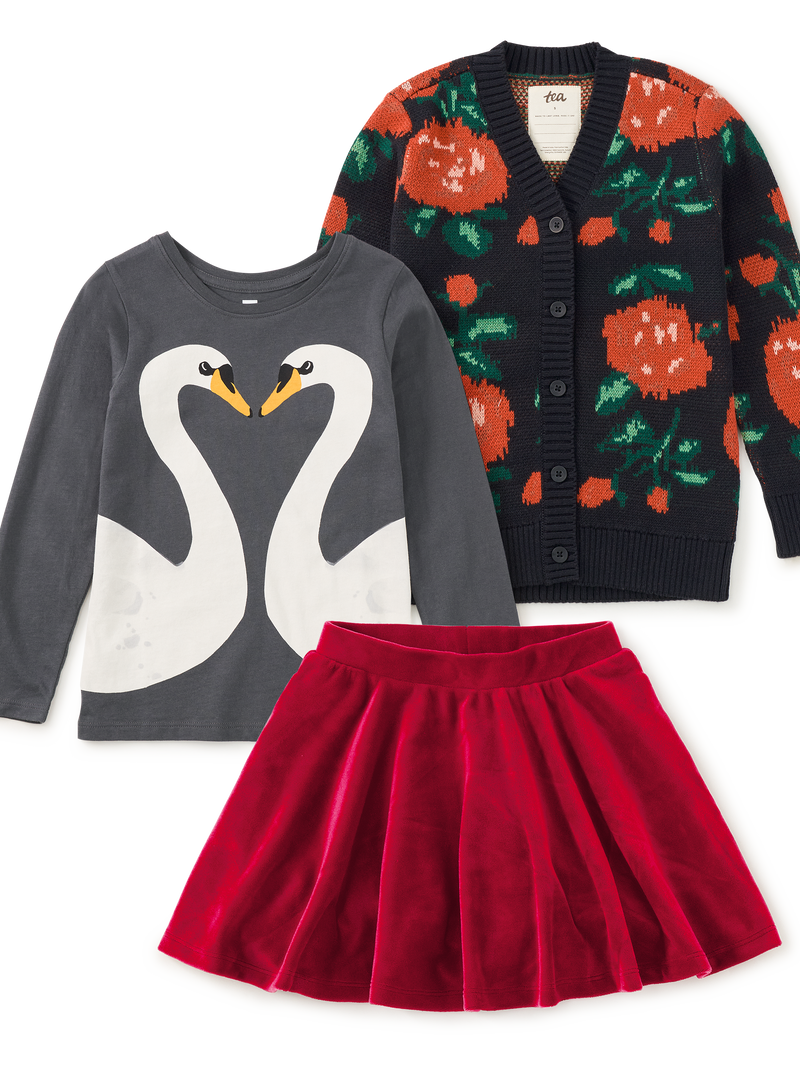 Rose Cardigan &amp; Swan Tee 3-Piece Set in XS - View 1