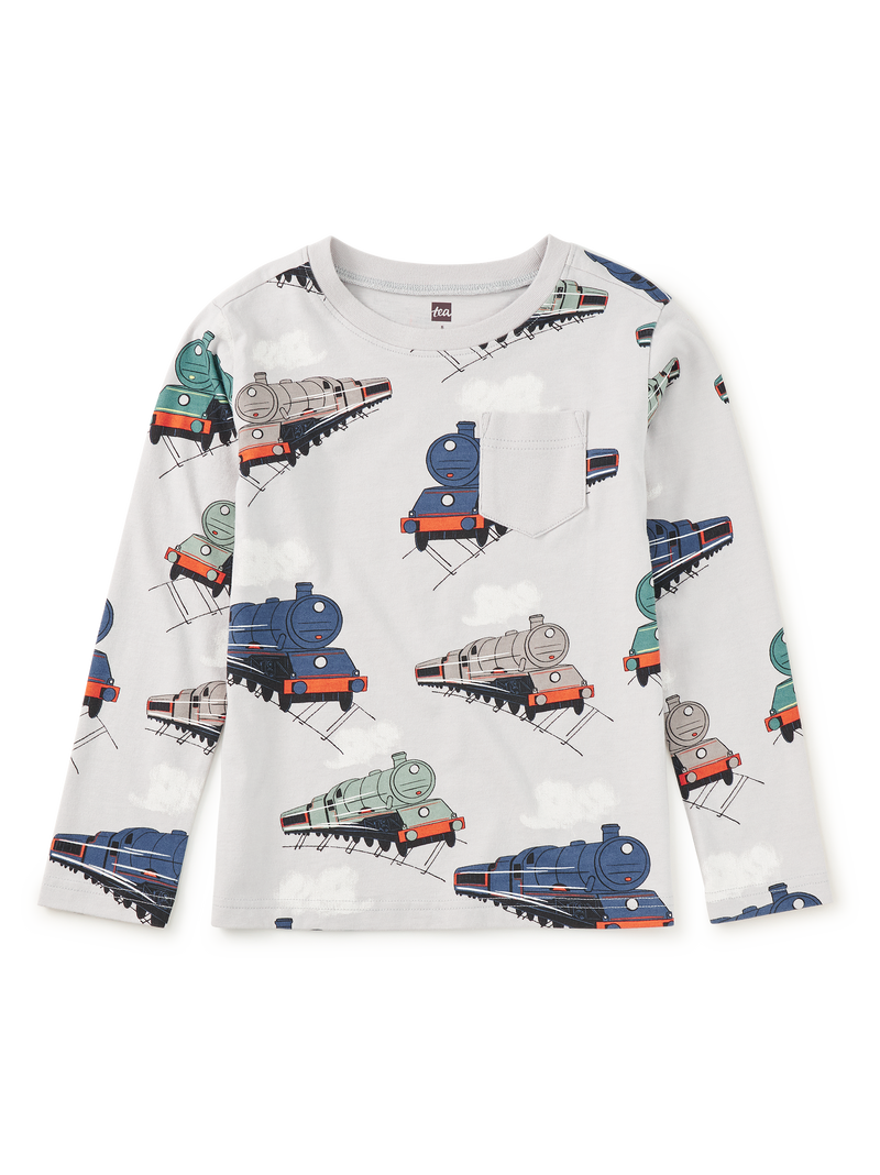 Long Sleeve Printed Pocket Tee in Great Railway Journey - View 1