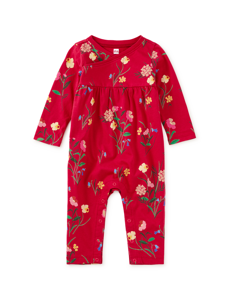 Wrap Neck Baby Romper in Hollyhock Garden - View 1