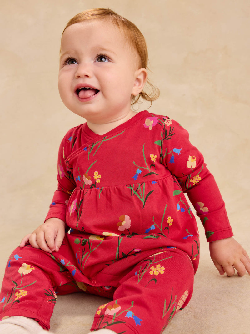 Wrap Neck Baby Romper in Hollyhock Garden - View 2