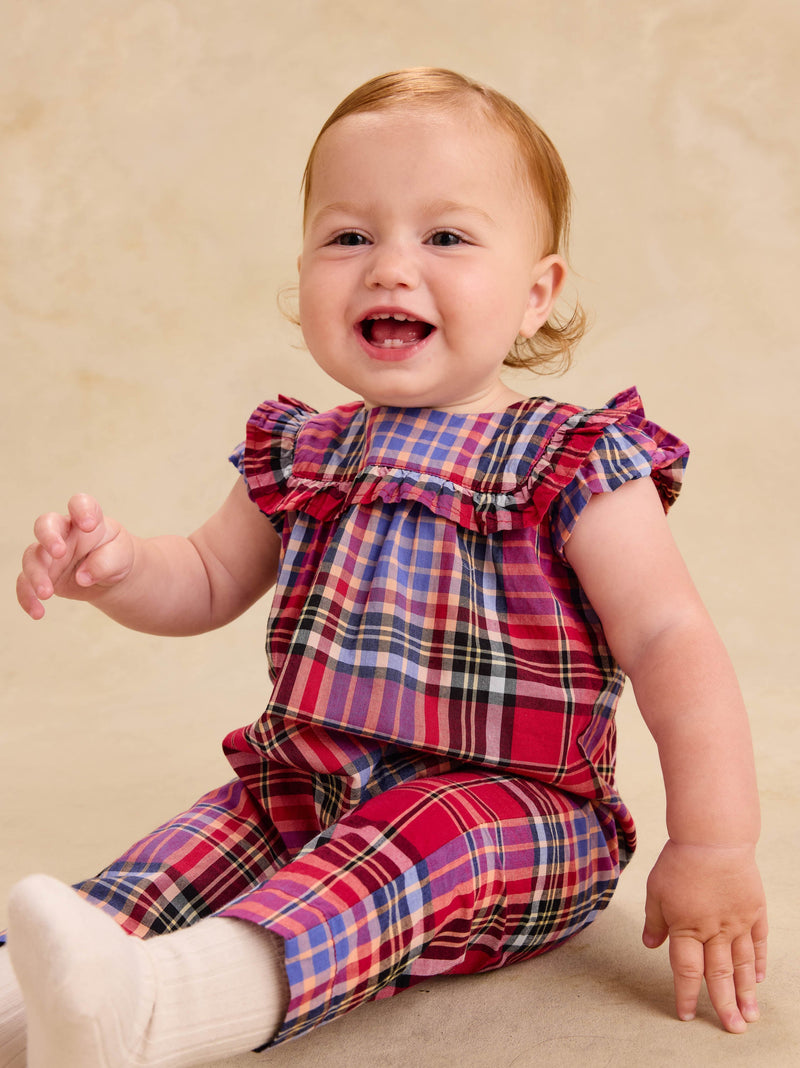 Plaid Ruffle Baby Romper in Holiday Market Plaid - View 2